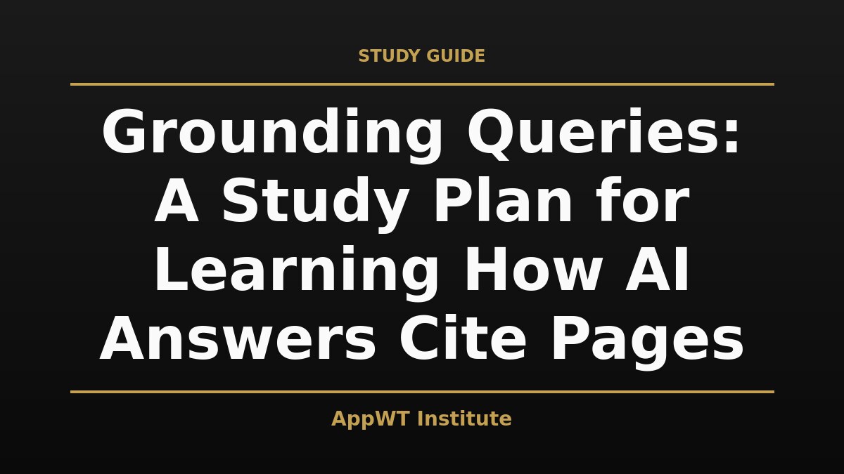 Black and gold title card reading Grounding Queries: A Study Plan for Learning How AI Answers Cite Pages, with the AppWT Institute name in gold along the bottom edge