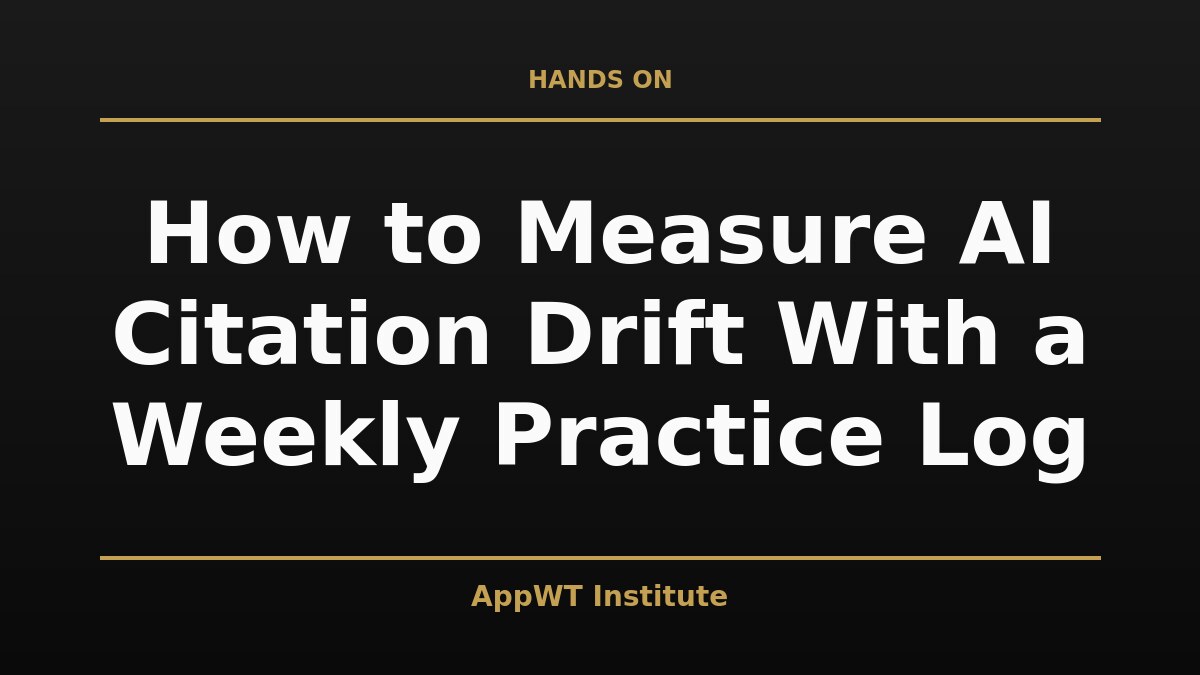 Black and gold title card reading How to Measure AI Citation Drift With a Weekly Practice Log, with the AppWT Institute name in gold along the bottom edge