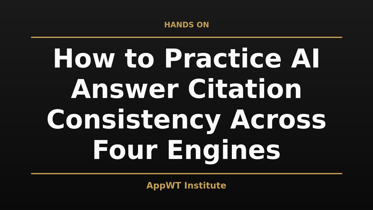 Black and gold title card reading How to Practice AI Answer Citation Consistency Across Four Engines, with the AppWT Institute name in gold along the bottom edge